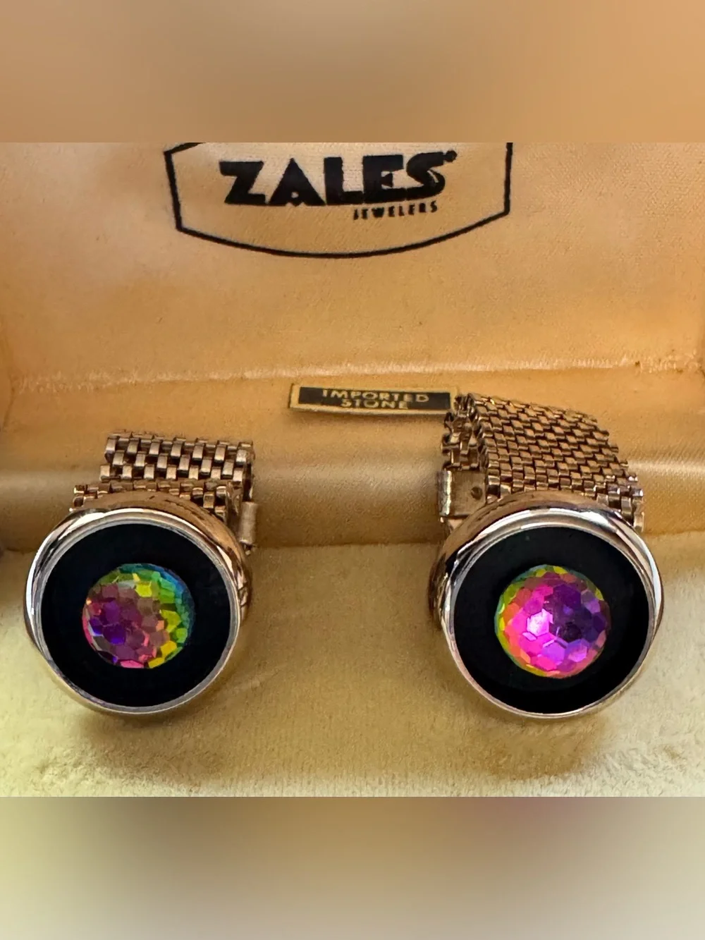 Gold Tone Mesh Cufflinks with Iridescent Prism Art glass Stones
